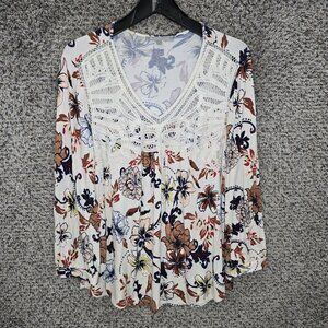 Daniel Rainn Top Womens Large Beige Floral‎ Print Boho Long Sleeve Tee Casual